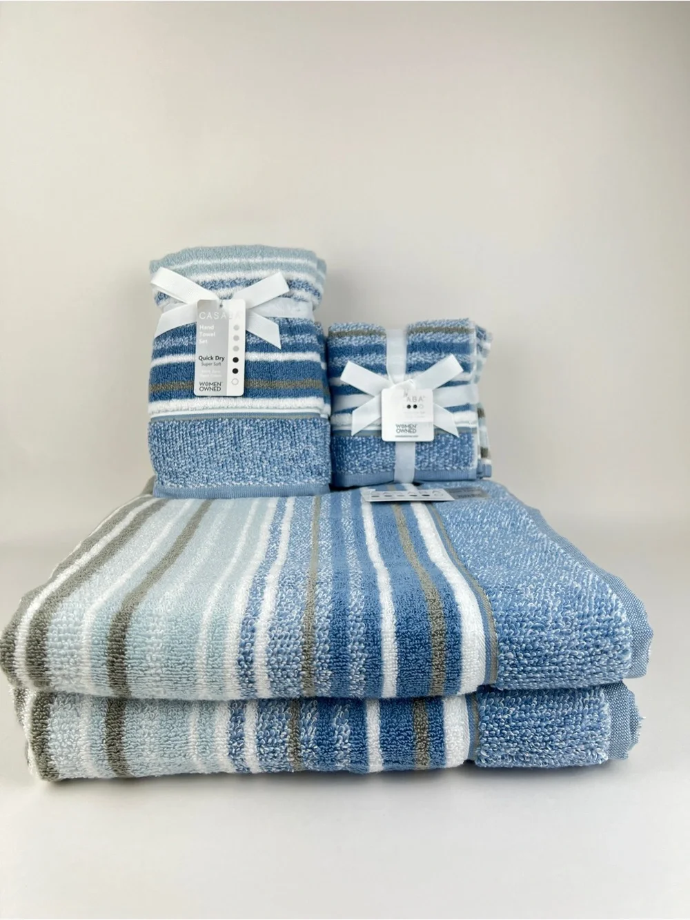Casaba Bath Towel Set Blue White Taupe Striped Quick Dry Soft Cotton 8 Pc NEW